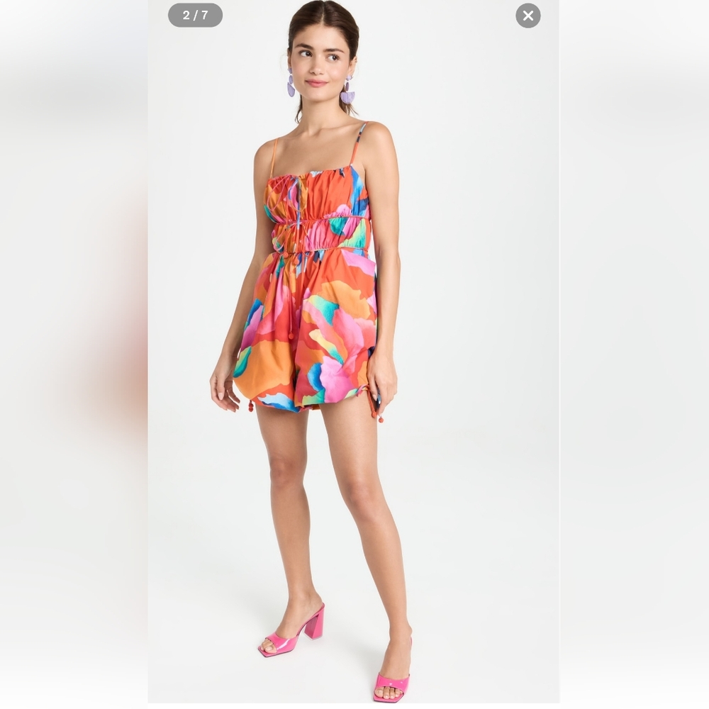 FARM Rio Pink and Orange Strapless Jumpsuit with Elastic Waist